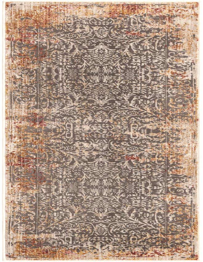 A 6 ft gray runner rug with a distressed traditional medallion pattern in cream, rust, and gold tones, ideal for a hallway.