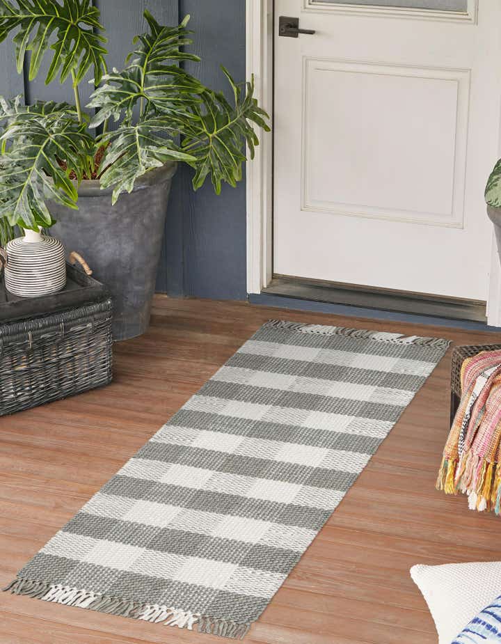 Gray 2' x 6' Eco Plaid Indoor Washable Outdoor Runner Rug | Rugs.com