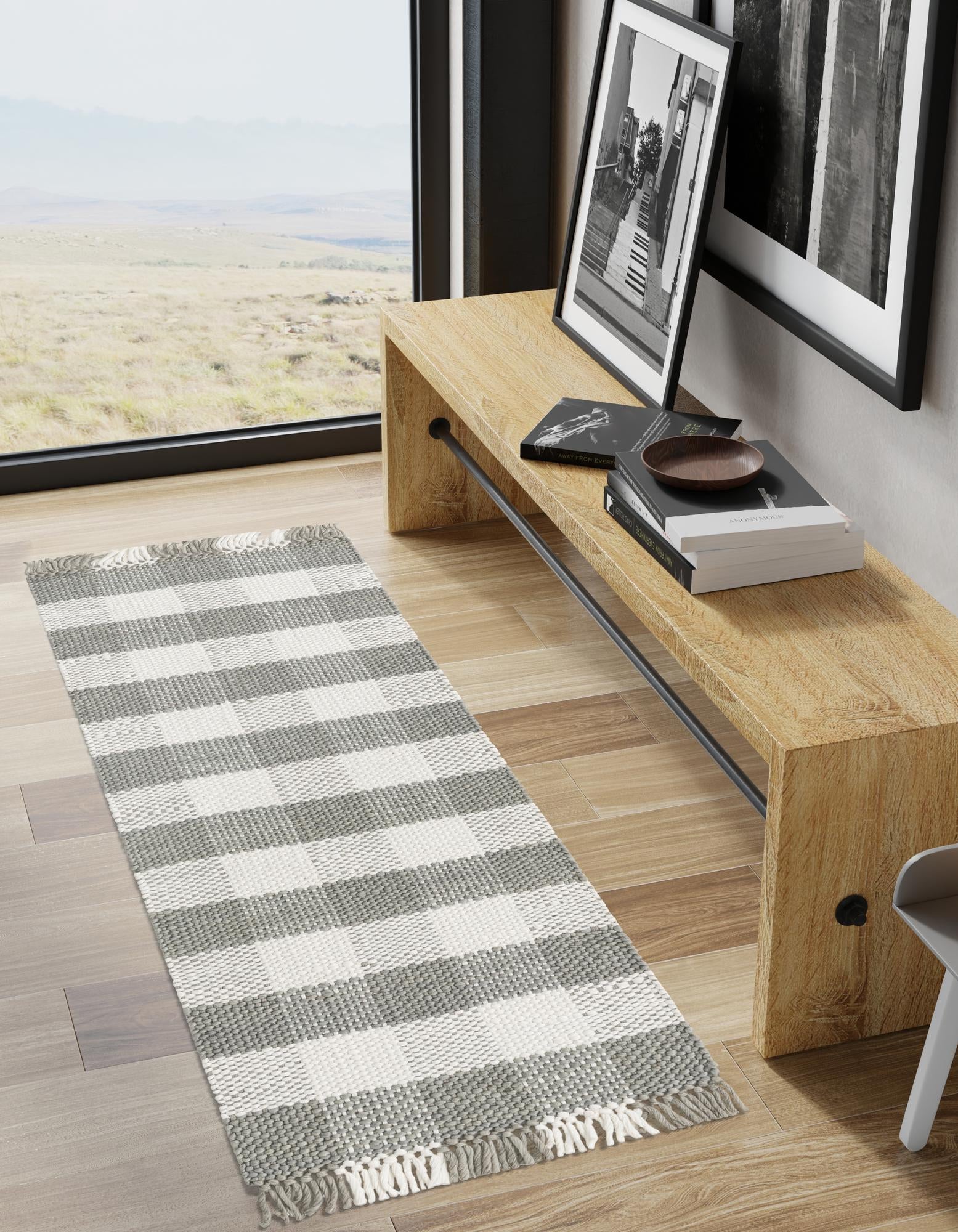 Gray 2' x 6' Eco Plaid Indoor Washable Indoor / Outdoor Runner Rug ...