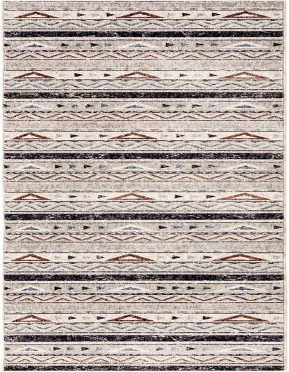 A 12 ft runner rug with a Southwestern tribal pattern in shades of gray, silver, brown, and blue, featuring stripes of triangles and geometric shapes.