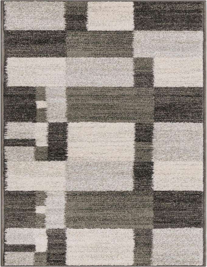 A 6 ft runner rug with a modern geometric pattern in varying shades of gray, silver, and off-white.