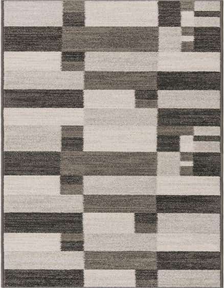 A 12 ft runner rug with a modern geometric pattern in varying shades of gray, silver, and off-white, ideal for a hallway.