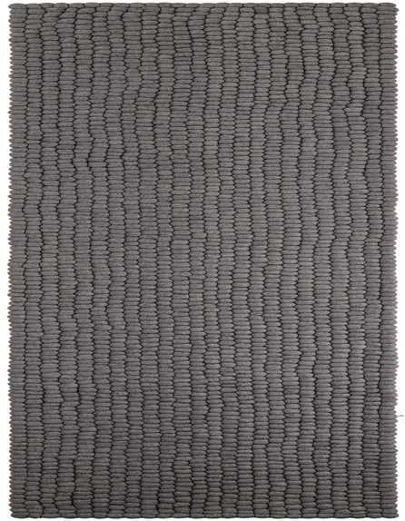 A 12 ft gray runner rug from the Felt Ball collection, made of textured wool felt balls, perfect for a modern hallway.