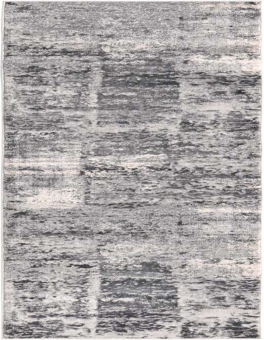 A gray and silver 8 ft runner rug with a modern abstract pattern and textured high-low pile, suitable for a hallway.