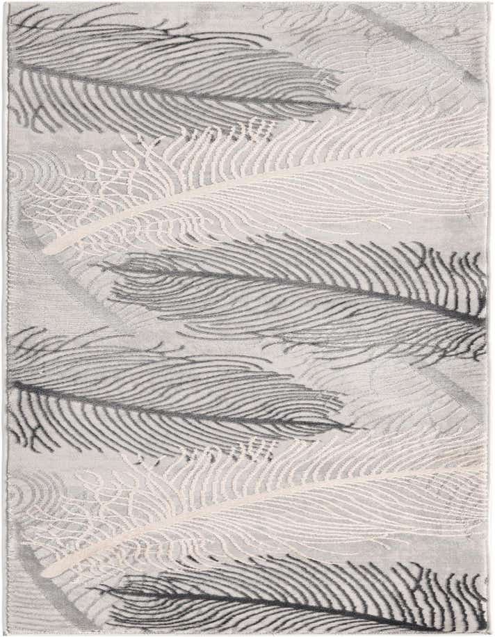 A gray Finsbury runner rug with a modern tropical feather pattern in varying shades of gray, ideal for a hallway.