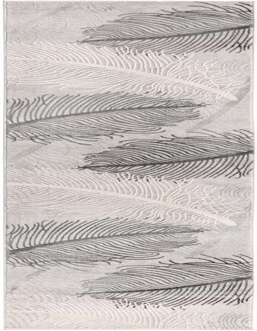 A gray 8 ft runner rug with a modern tropical feather pattern in varying shades of gray and silver, featuring a textured high-low pile.