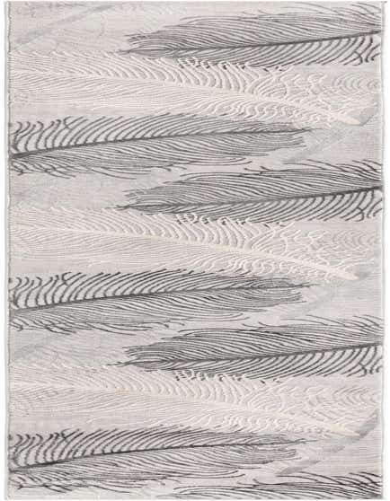 A 10 ft runner rug from the Finsbury collection featuring a modern tropical pattern of gray and silver feathers.