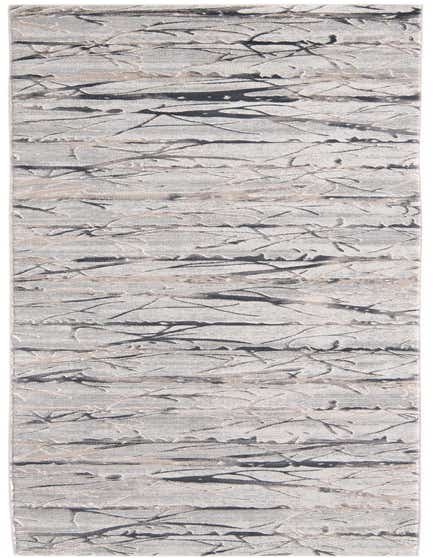 A 10 ft runner rug with a modern gray and silver abstract stripe pattern, featuring a textured high-low pile.