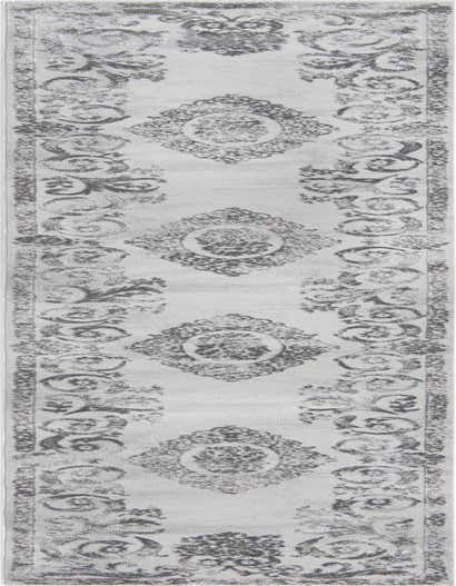 A 10 ft runner rug in shades of gray and silver, featuring a traditional medallion and floral pattern, ideal for a hallway.
