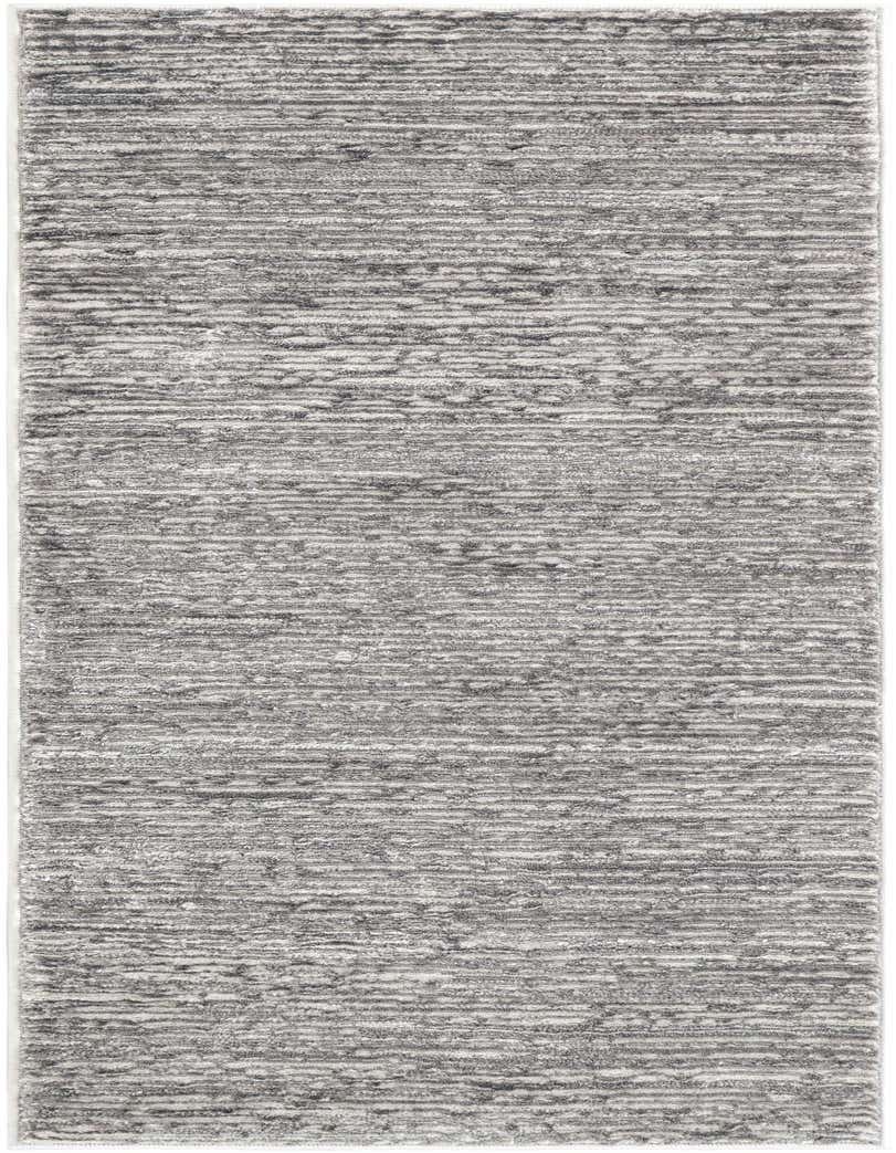 A 5 ft runner rug in shades of gray and silver, featuring a textured, striped pattern, ideal for a hallway or patio.
