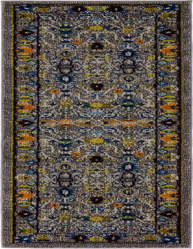 A 7 ft gray runner rug with a vibrant bohemian floral pattern in blue, yellow, and orange, ideal for a hallway.