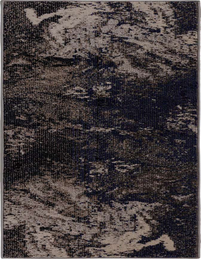 A 6 ft runner rug with an abstract, industrial pattern in varying shades of gray, silver, and dark blue, suitable for a hallway or kitchen.