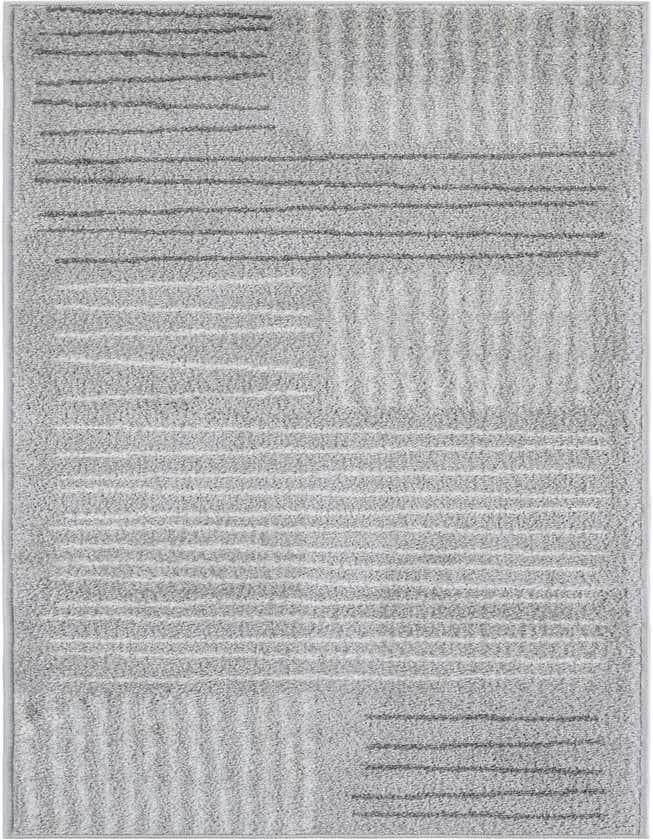 A 6 ft runner rug in shades of gray and silver, featuring a modern abstract pattern of horizontal and vertical lines.