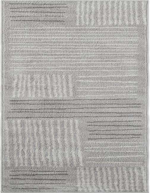 A gray 8 ft runner rug with a modern abstract pattern featuring varying shades of gray lines and blocks, ideal for a hallway.