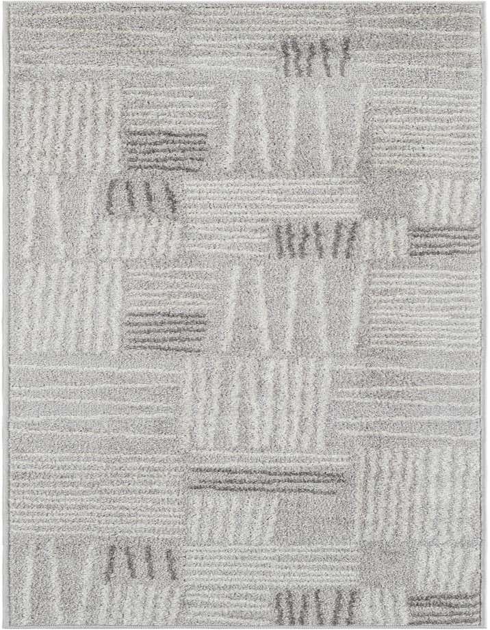 A 6 ft runner rug in shades of gray and silver, featuring a modern abstract pattern of textured horizontal and vertical lines.