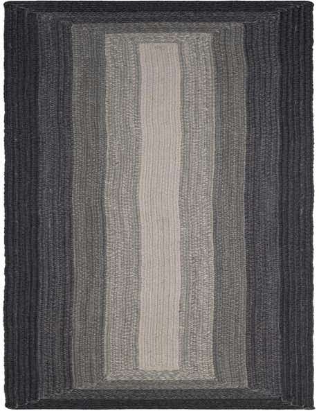 A 12 ft runner rug with a modern braided design, featuring an ombre pattern of dark gray, medium gray, light gray, and silver tones, ideal for a hallway.