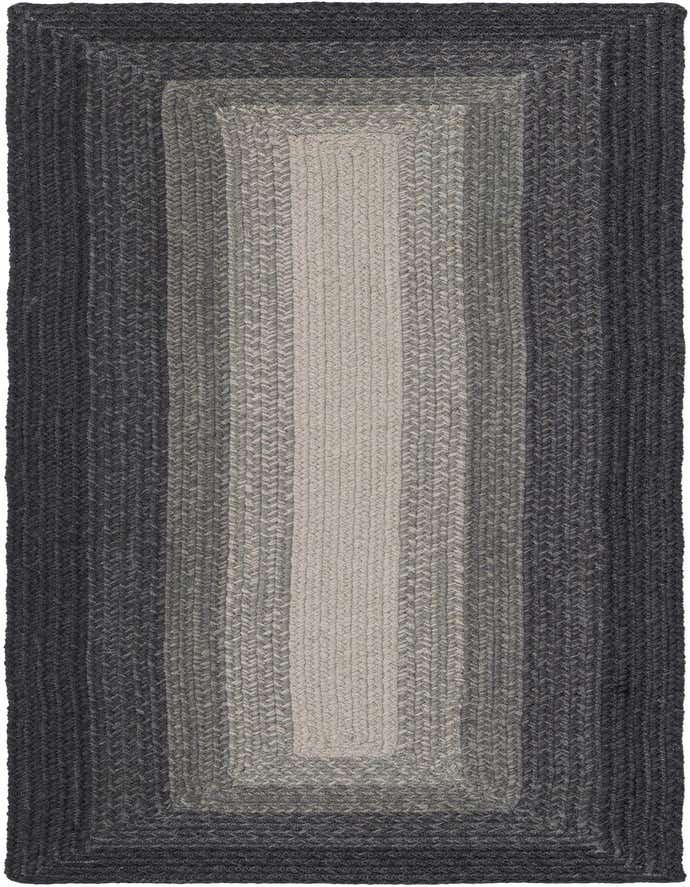 A 6 ft runner rug featuring a modern braided wool design with an ombre stripe pattern in varying shades of gray, from dark charcoal to light silver.