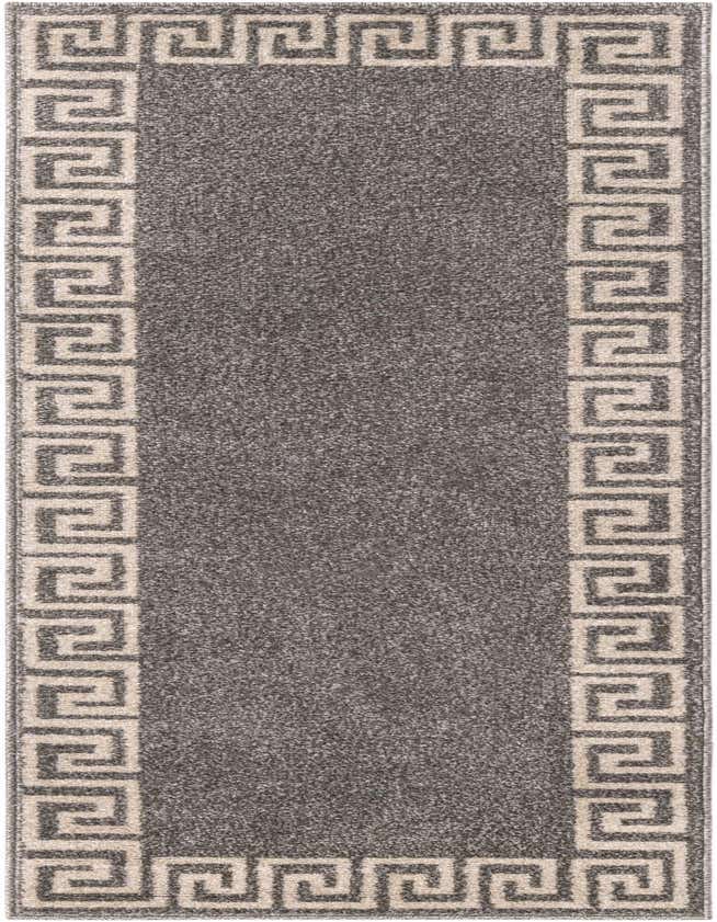 A 6 ft runner rug in gray with a light beige Greek key border pattern, ideal for a hallway or kitchen.