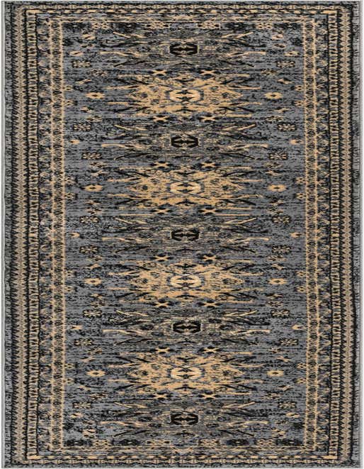 A 10 ft runner rug in shades of gray, black, and beige, featuring a distressed traditional medallion and tribal pattern, ideal for a hallway.