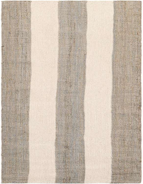 A 10 ft runner rug with wide vertical stripes in alternating natural gray jute and creamy white wool, showcasing its textured, flatweave construction.