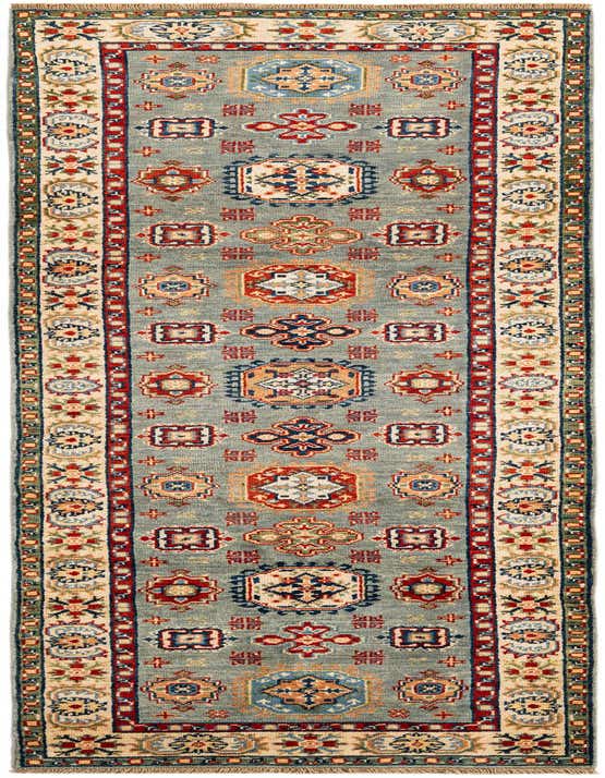 A 10 ft runner rug from the Rugs.com Kazak collection, featuring a gray field with colorful Oriental motifs and a detailed border.