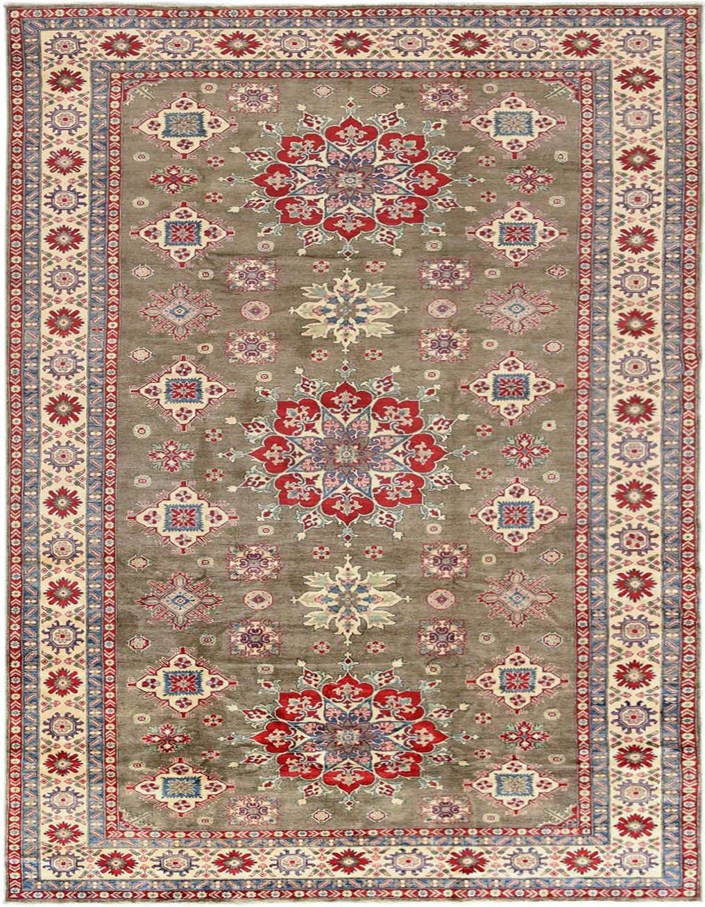 A long 20 ft runner rug with a gray field and intricate red, blue, and cream oriental patterns, ideal for a hallway.