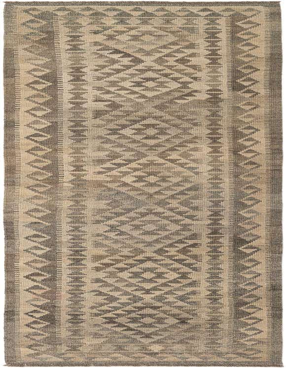 A 10 ft runner rug with a tribal geometric pattern in shades of gray and silver, featuring a flatweave texture.