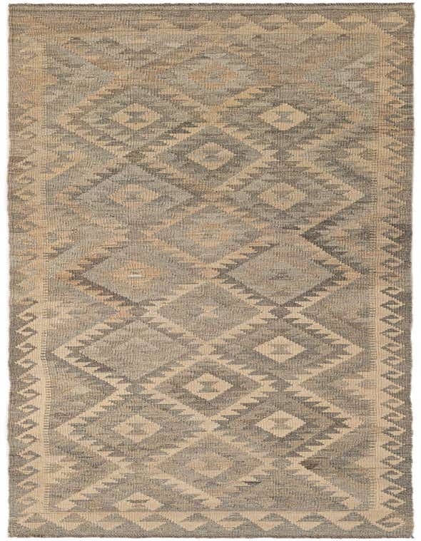 A 10 ft runner rug in shades of gray and beige with a tribal geometric diamond pattern, perfect for a hallway.