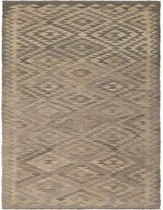 A 10 ft runner rug in gray and silver tones with a tribal geometric pattern, made of flatweave wool.
