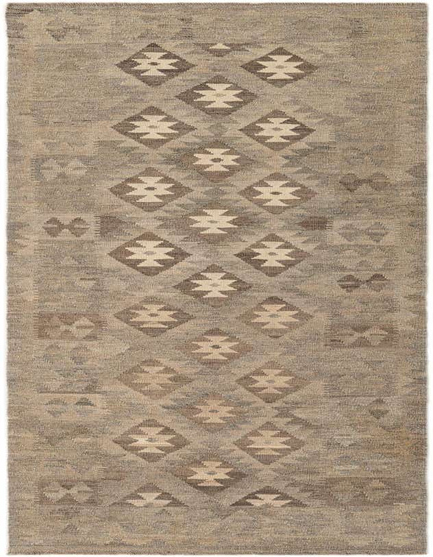 A 9 ft runner rug from the Kilim Maymana collection, featuring a tribal geometric pattern in varying shades of gray and silver.