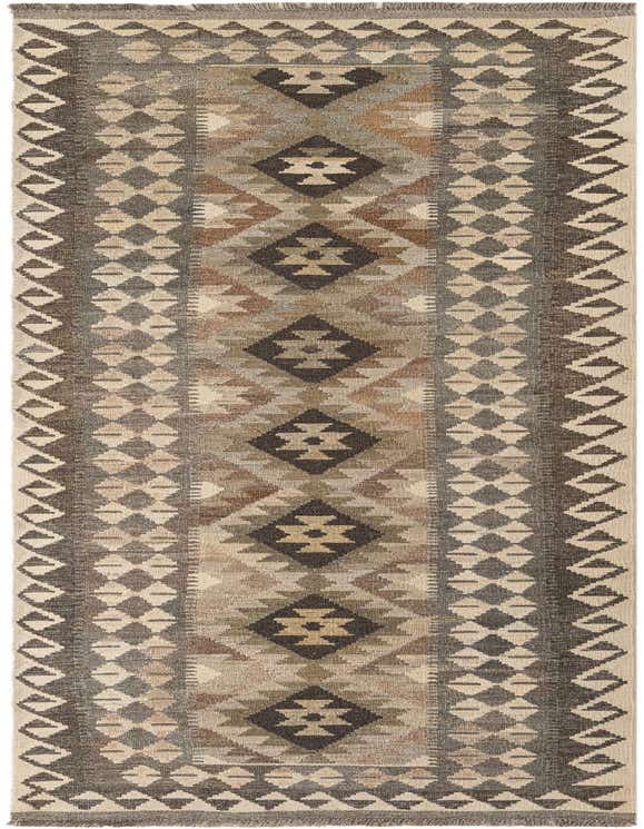 A 9 ft runner rug with a tribal geometric pattern in shades of gray, silver, and natural beige, ideal for a hallway.