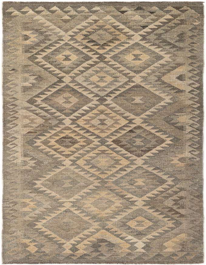 A 9 ft runner rug with a tribal geometric pattern in varying shades of gray, silver, and beige, ideal for a hallway.