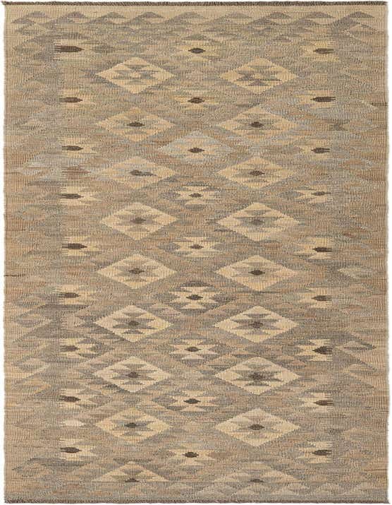 A 10 ft runner rug with a tribal geometric pattern in shades of gray, silver, and beige, ideal for a hallway.