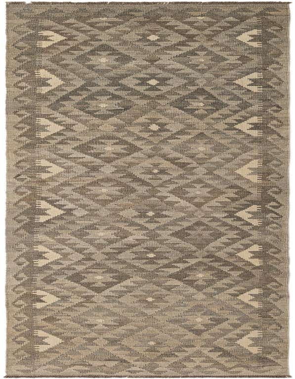 A 10 ft runner rug in shades of gray and silver with a tribal geometric pattern, made of flatweave wool, ideal for a hallway.