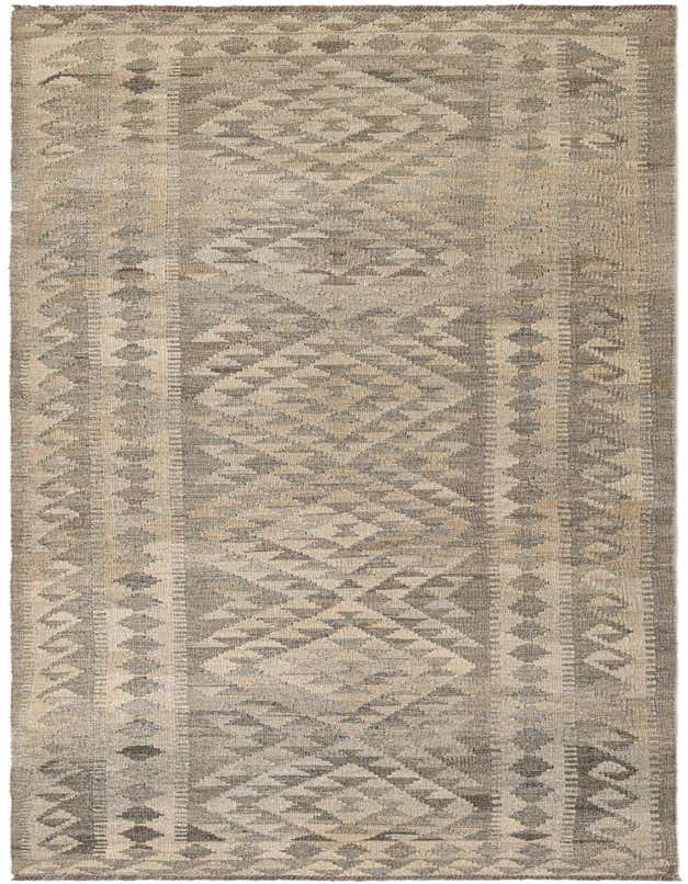 A 10 ft runner rug from the Kilim Maymana collection, featuring a tribal geometric pattern in shades of gray and silver.