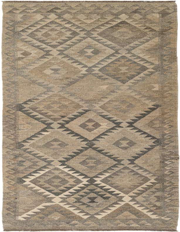 A 10 Ft runner rug from the Kilim Maymana collection, featuring a tribal geometric pattern in various shades of gray and silver.