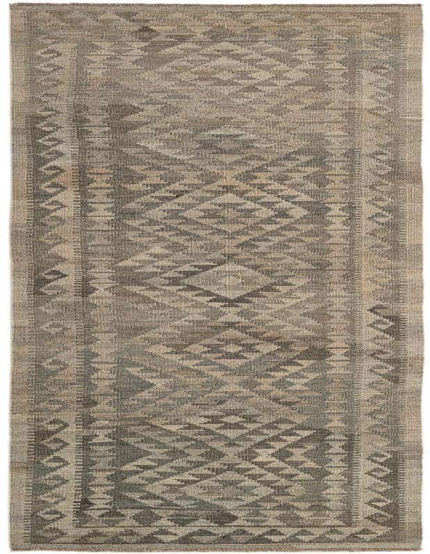 A 10 ft runner rug in shades of gray and silver, featuring a tribal geometric pattern with a flatweave texture.