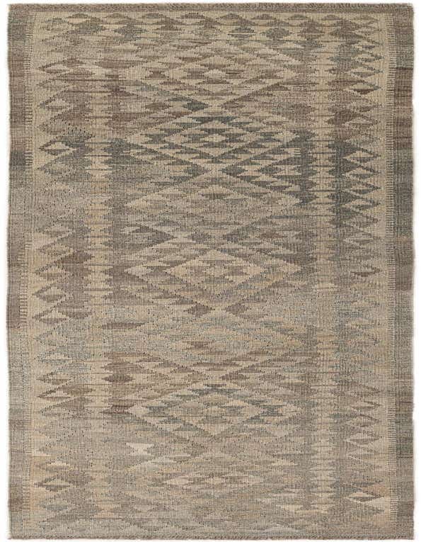 A 10 ft runner rug from the Kilim Maymana collection, featuring a tribal geometric pattern in varying shades of gray and silver.