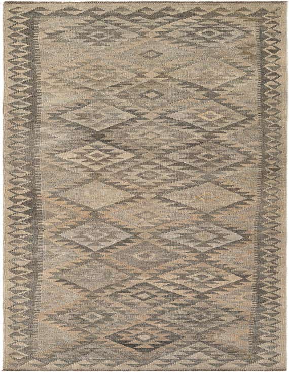A 10 ft runner rug from the Kilim Maymana collection, featuring a tribal geometric pattern in shades of gray and silver.