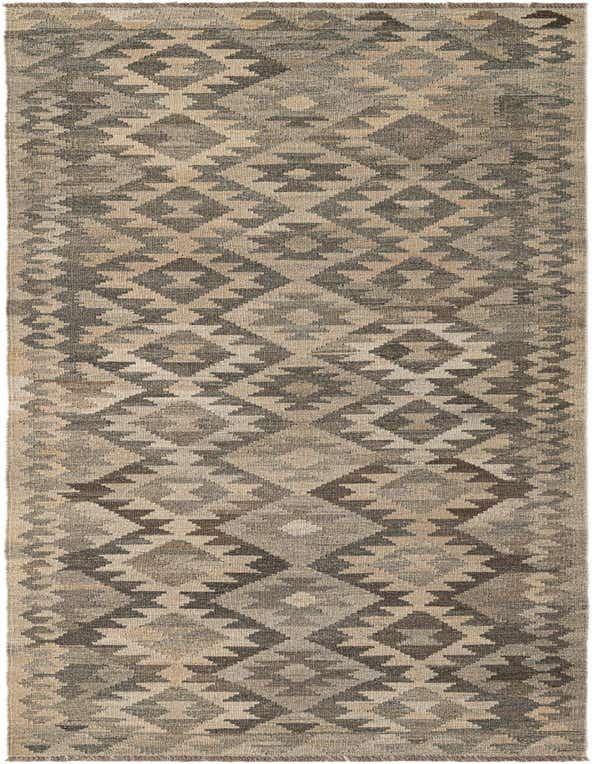 A 10 ft runner rug in shades of gray and silver with a tribal geometric pattern, suitable for a hallway.