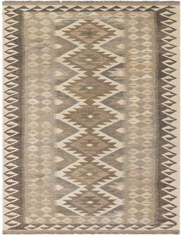 A 10 ft runner rug in the Kilim Maymana collection, featuring a tribal geometric pattern in various shades of gray, silver, and natural tones.