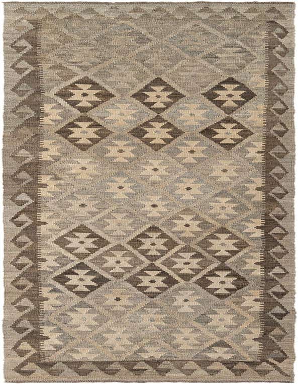 A 9 ft runner rug from the Kilim Maymana collection, featuring a tribal geometric pattern in various shades of gray and silver.