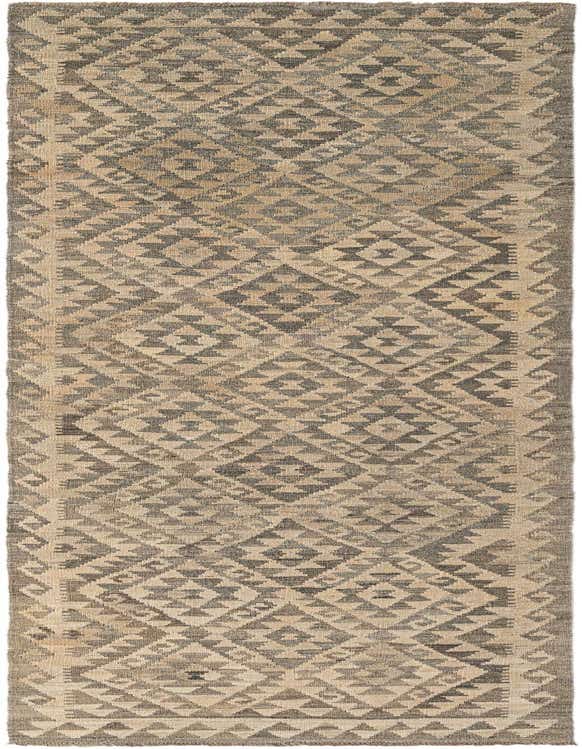 A 10 ft runner rug from the Kilim Maymana collection, featuring a tribal geometric pattern in shades of gray and silver on a flatweave wool texture, ideal for a hallway.