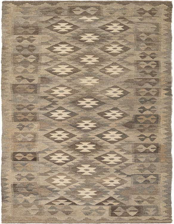 A 10 ft runner rug in shades of gray and silver with a tribal geometric pattern, perfect for a hallway.