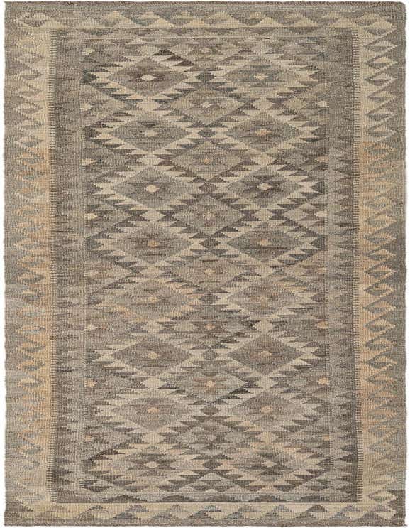 A 10 ft runner rug with a tribal geometric pattern in shades of gray and beige, ideal for a hallway.