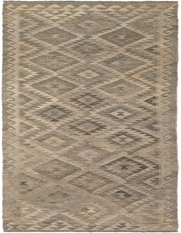 A 10 Ft Kilim Maymana runner rug in grays and silvers, featuring a tribal geometric pattern, ideal for hallways.