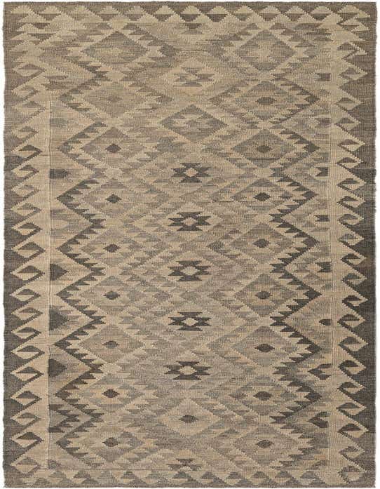 A 10 ft runner rug from the Kilim Maymana collection, featuring a tribal geometric pattern in varying shades of gray and silver.