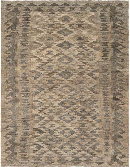 A 10 ft runner rug in gray and silver tones with a tribal geometric pattern, suitable for a hallway.