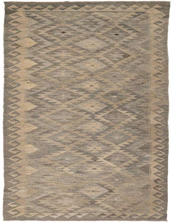 A 10 ft runner rug from the Kilim Maymana collection, featuring a gray and beige tribal geometric pattern, handmade from wool.