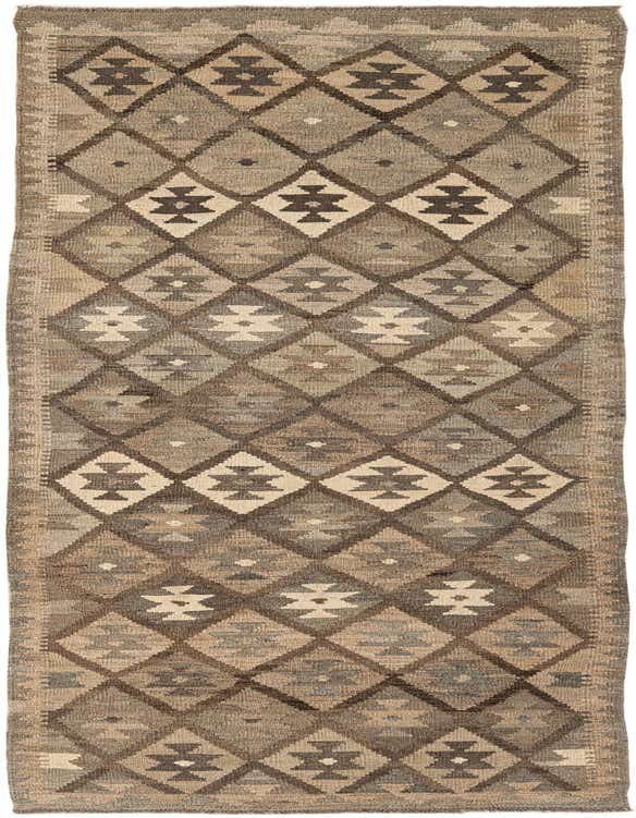 A 10 Ft Kilim Maymana runner rug in shades of gray and silver with a tribal geometric pattern.